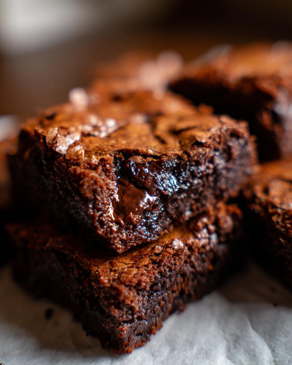 Close-up of rich, fudgy 5-Ingredient Peanut Butter Brownies with melted chocolate chips.