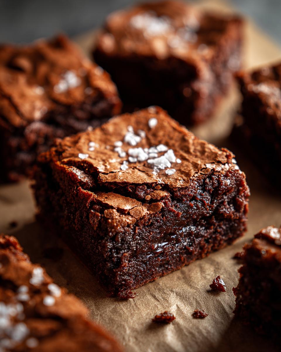 Close-up of rich, fudgy 5-Ingredient Peanut Butter Brownies topped with flaky sea salt.