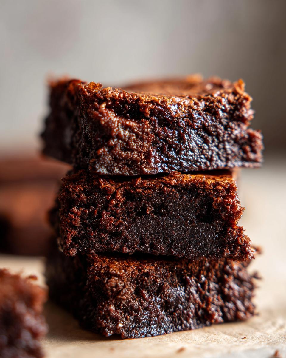 A close-up stack of rich, fudgy 5-Ingredient Peanut Butter Brownies with a slightly crinkled top.