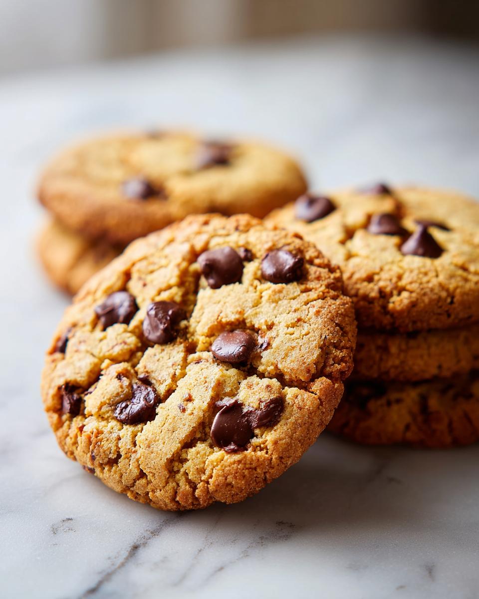 Close-up of freshly baked Classic Chocolate Chip Cookies with melted chocolate chips on a marble surface.