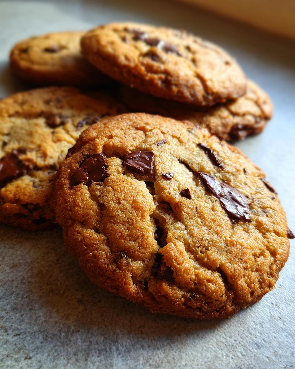 Close-up of several delicious Classic Chocolate Chip Cookies with visible chocolate chunks.