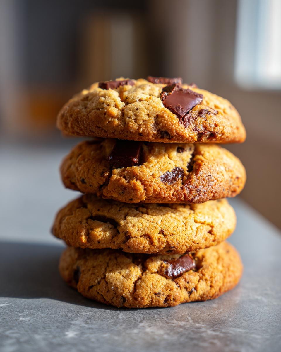 A stack of four delicious Classic Chocolate Chip Cookies, with visible chocolate chunks and golden-brown edges.