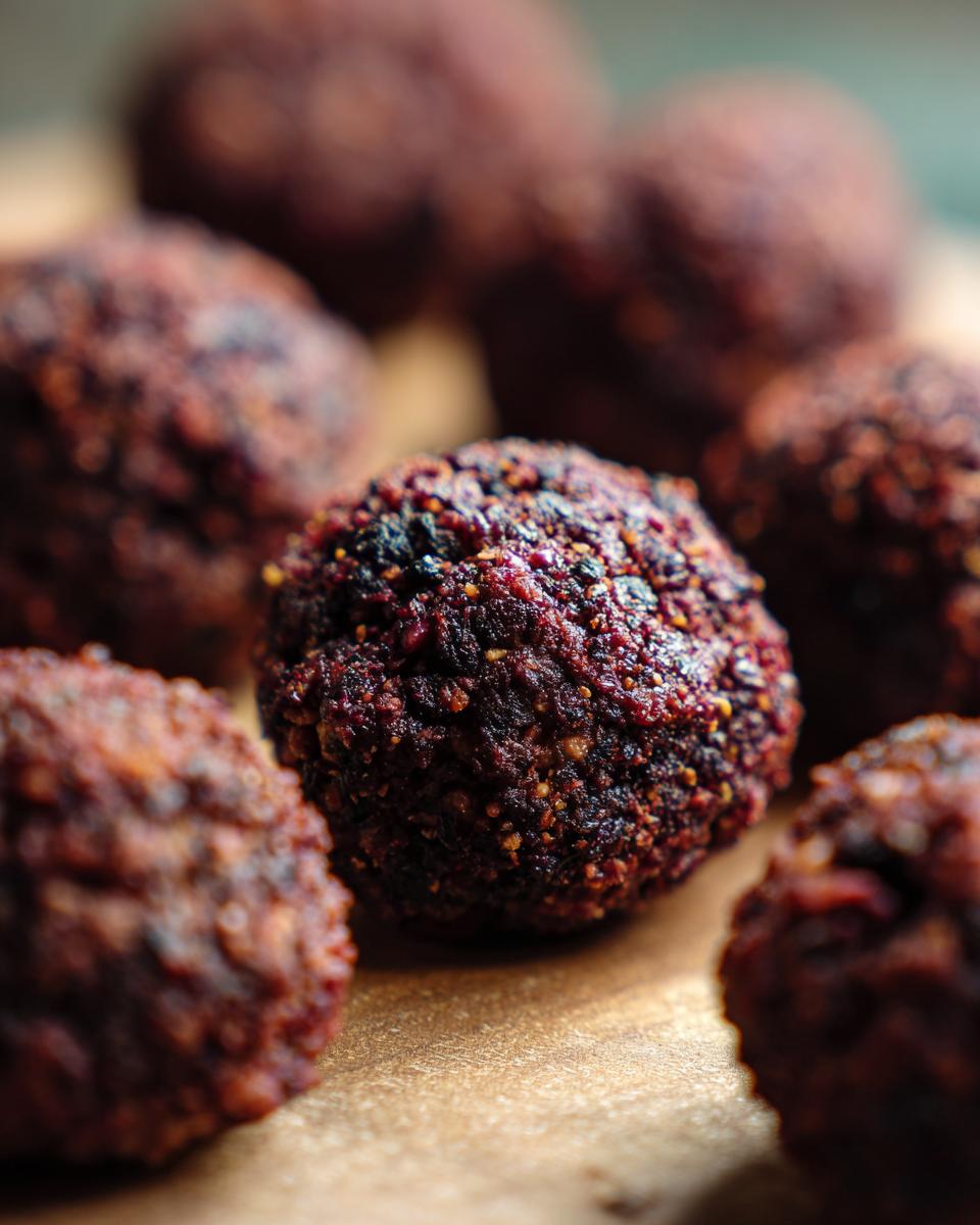 Close-up of several Easy Black Bean Meatballs on a wooden surface, showing their textured exterior.