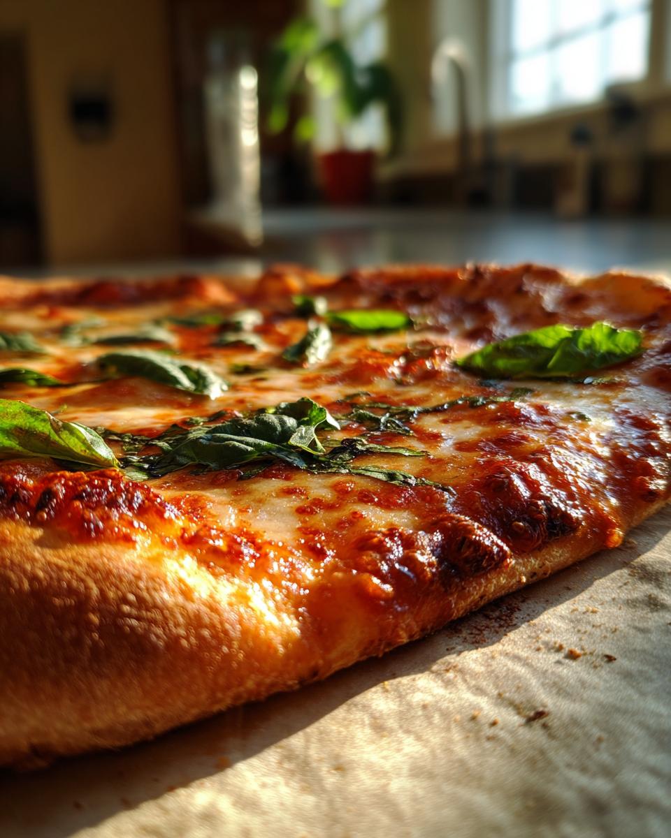 A close-up, low-angle view of a freshly baked Easy Margherita Pizza, showcasing melted mozzarella, tomato sauce, and fresh basil leaves.