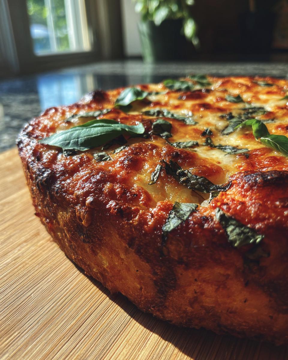 Close-up of a golden-brown crust Easy Margherita Pizza topped with melted cheese and fresh basil leaves.