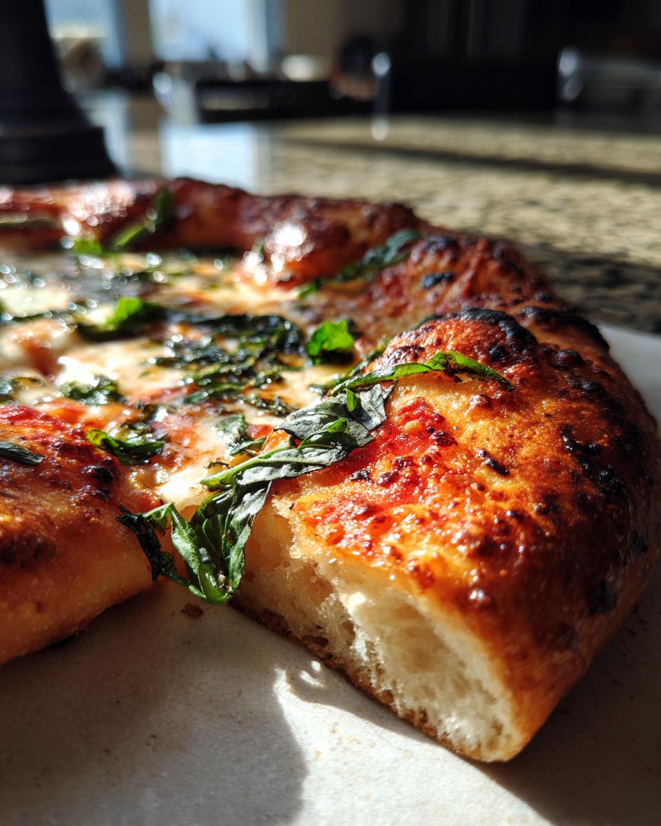 Close-up of a slice of Easy Margherita Pizza, featuring bubbly cheese, red tomato sauce, and fresh basil leaves on a golden crust.