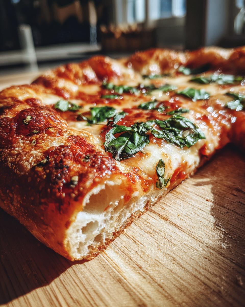 Close-up of a slice of Easy Margherita Pizza on a wooden board, showing melted cheese, tomato sauce, and fresh basil.