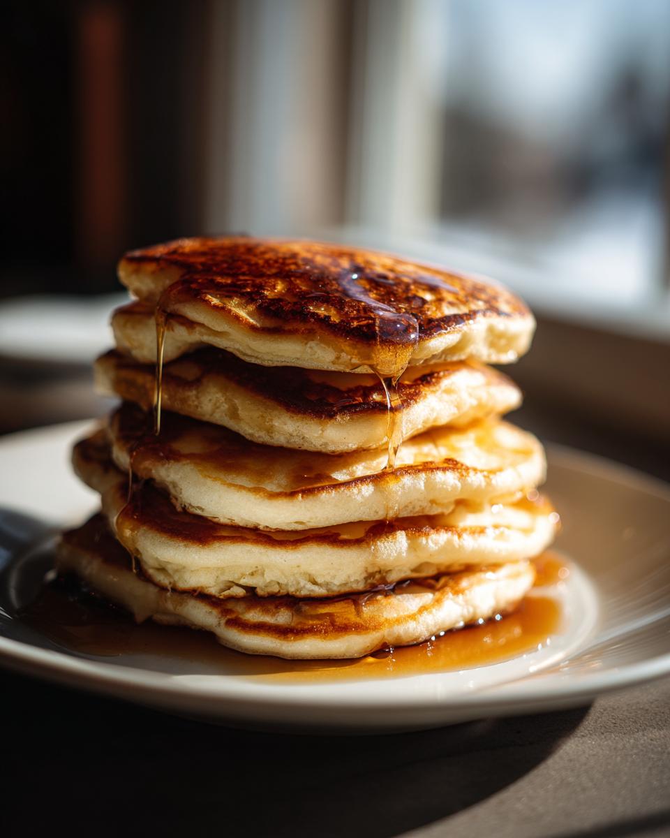 A tall stack of golden-brown Fluffy Buttermilk Pancakes drizzled with syrup.