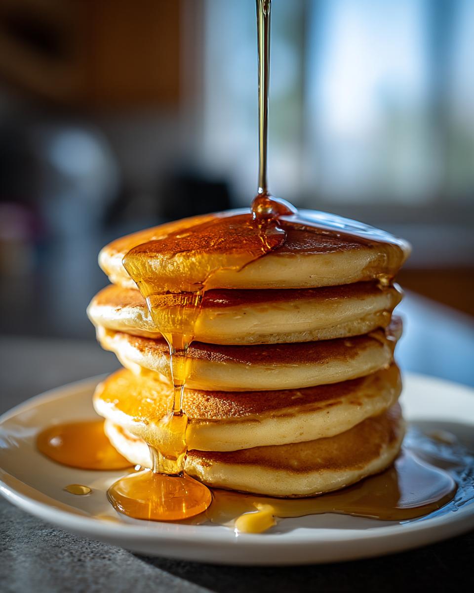 A stack of fluffy buttermilk pancakes being drizzled with golden syrup on a white plate.