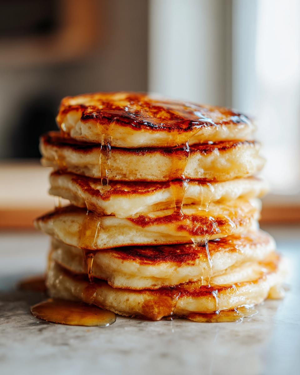 A tall stack of golden-brown fluffy buttermilk pancakes drizzled with syrup.