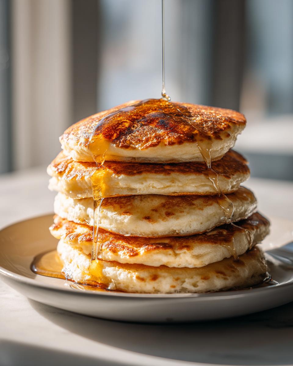 A stack of fluffy buttermilk pancakes being drizzled with golden syrup.