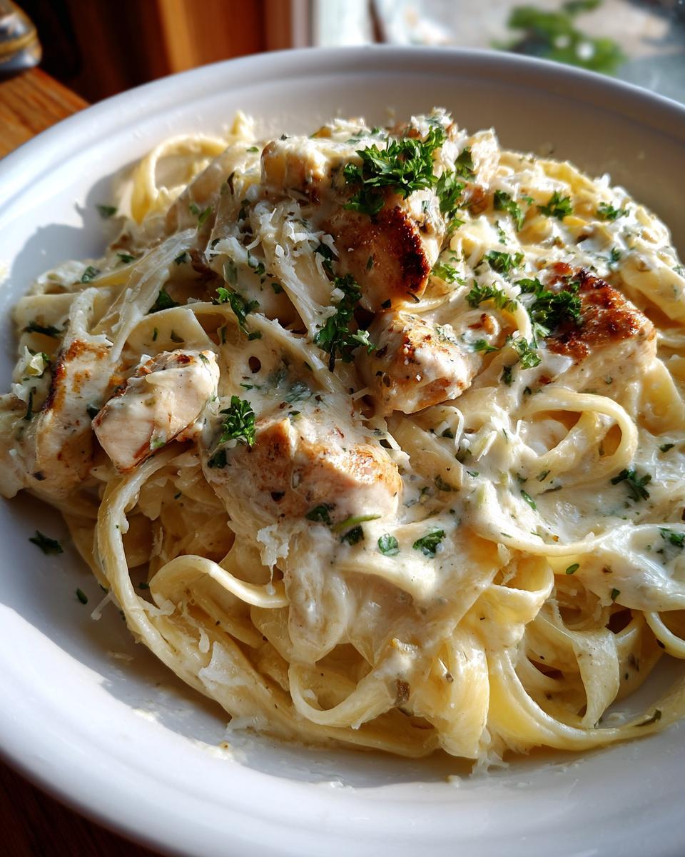 A close-up of creamy One-Pot Chicken Alfredo pasta topped with grilled chicken pieces and fresh parsley.