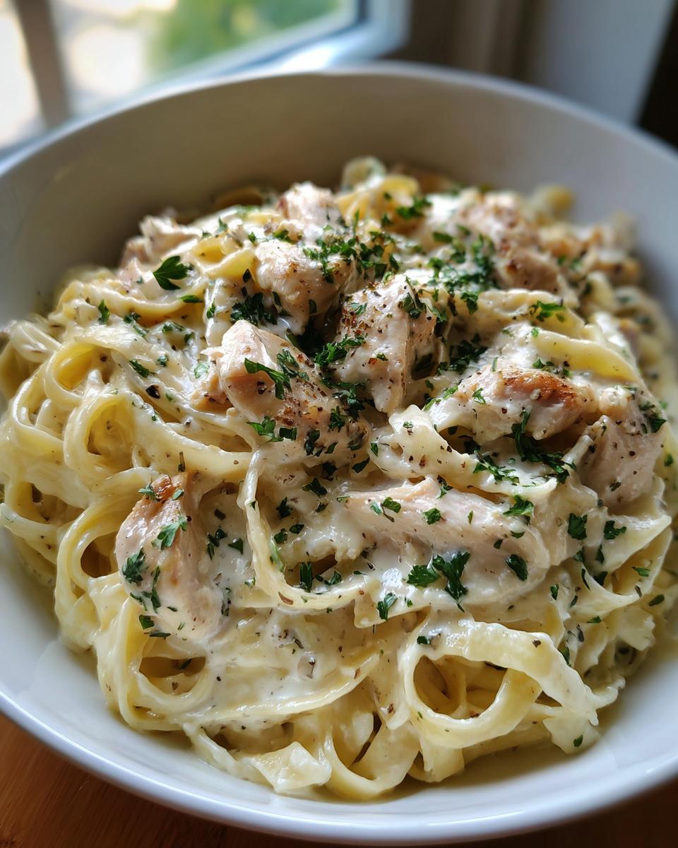 Close-up of a bowl of creamy One-Pot Chicken Alfredo pasta topped with chopped chicken and parsley.