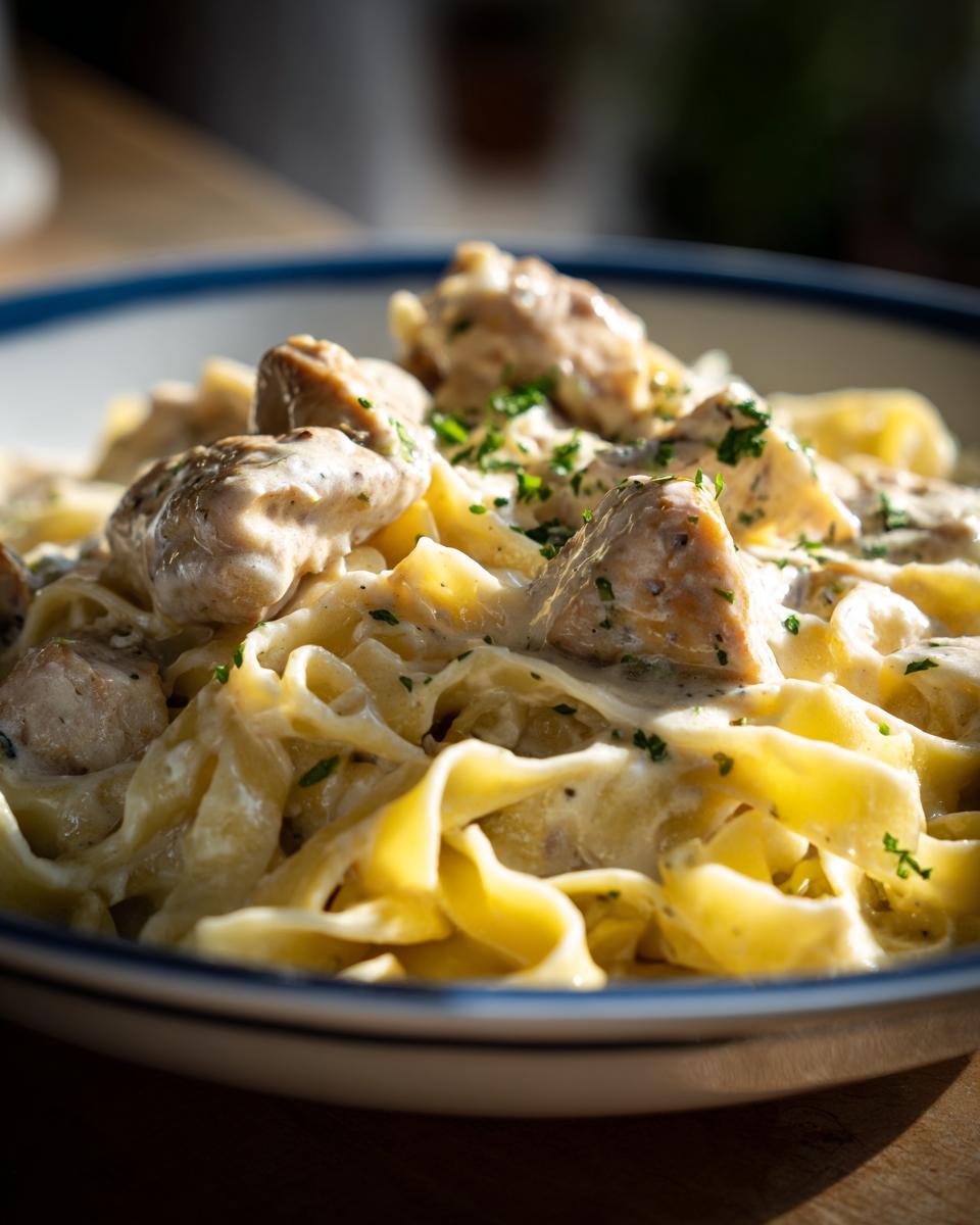 Close-up of creamy One-Pot Chicken Alfredo with fettuccine pasta and tender chicken pieces, garnished with parsley.