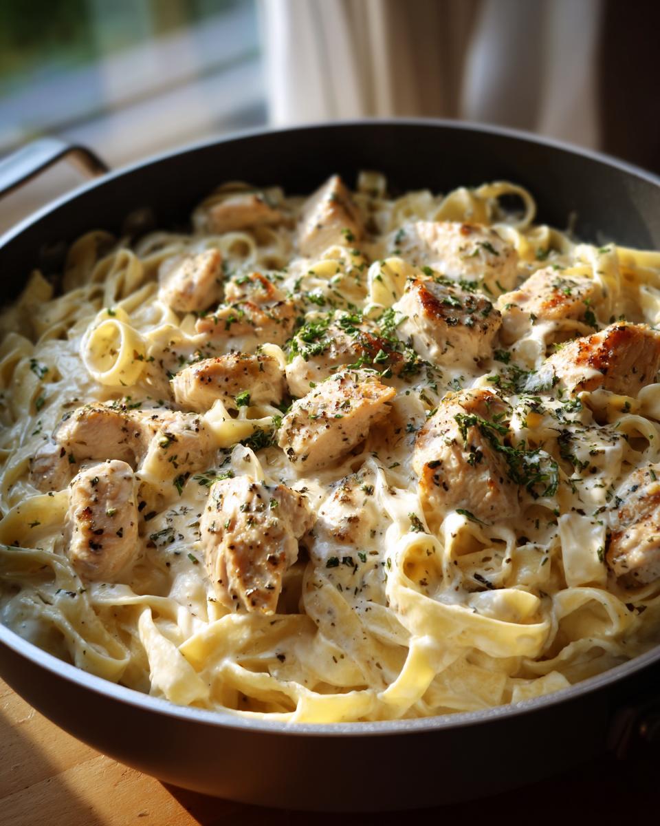 A close-up of delicious One-Pot Chicken Alfredo pasta with creamy sauce and tender chicken pieces in a skillet.