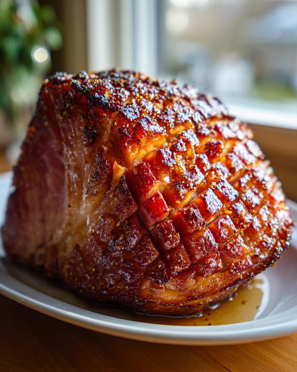 Close-up of a beautifully glazed ham with diamond scoring, ready to serve.