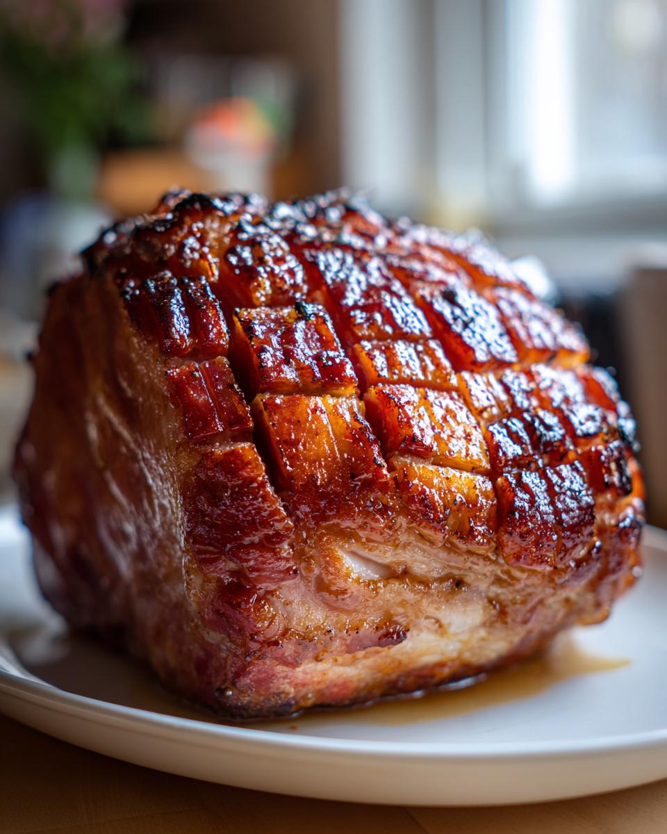 Close-up of a perfectly glazed ham with a diamond scored rind, ready to serve.