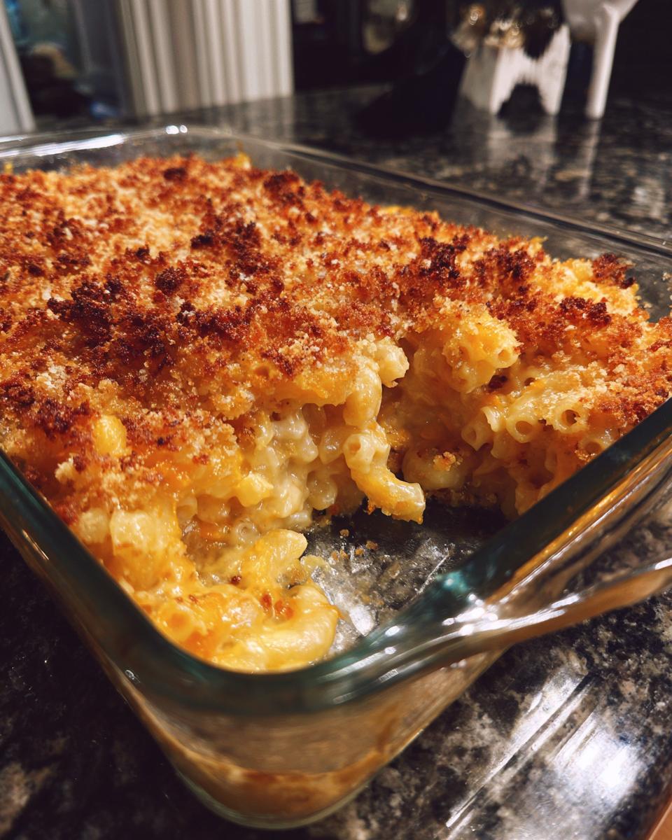 A close-up of baked mac and cheese with a golden crispy topping in a glass dish.
