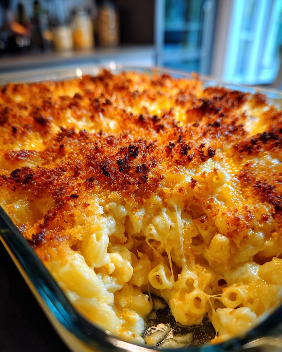 Close-up of creamy baked mac and cheese with a golden, crispy breadcrumb topping.