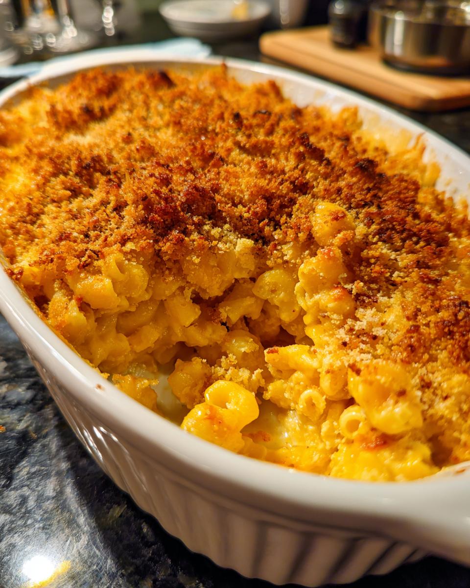 Close-up of a white baking dish filled with creamy Baked Mac and Cheese topped with a golden-brown crispy topping.