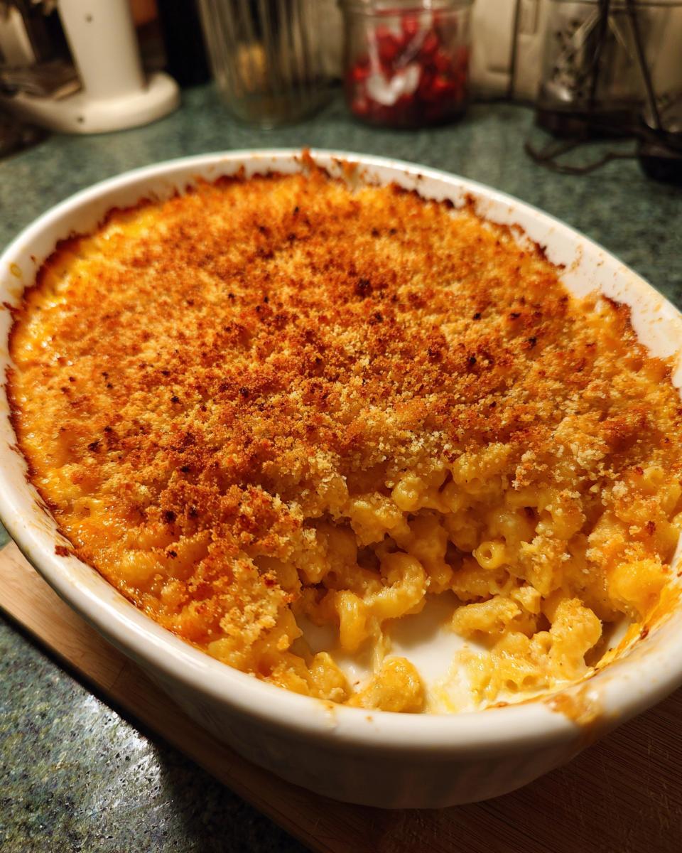 A close-up of baked mac and cheese in a white dish, featuring a golden crispy topping and creamy pasta.