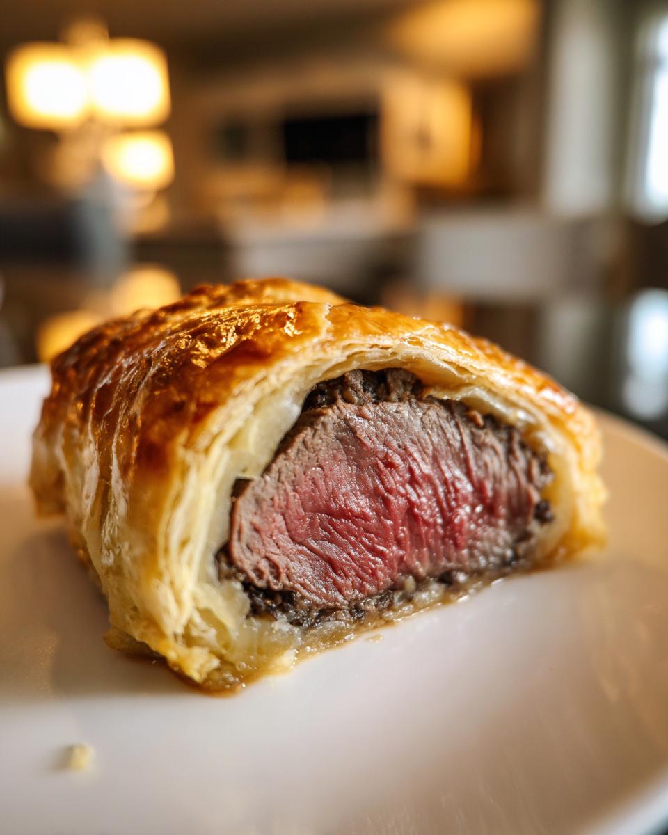A close-up of a slice of Beef Wellington, showcasing the tender, medium-rare beef wrapped in golden puff pastry.