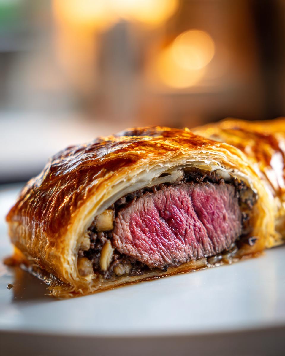 Close-up of a slice of Beef Wellington, showcasing the perfectly pink beef tenderloin encased in golden puff pastry and duxelles.
