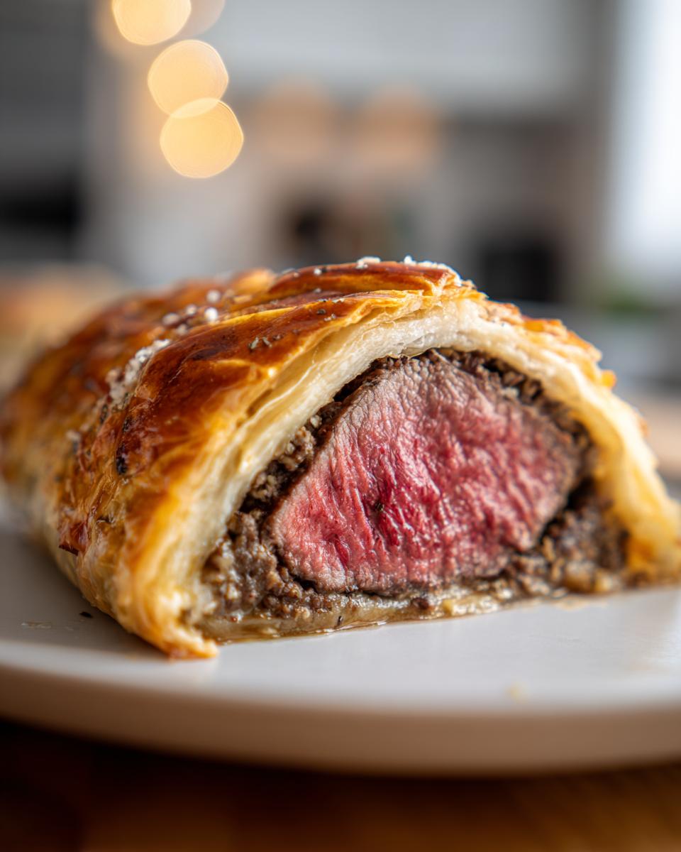 A close-up of a slice of Beef Wellington, showing the perfectly cooked medium-rare beef tenderloin wrapped in golden puff pastry and duxelles.