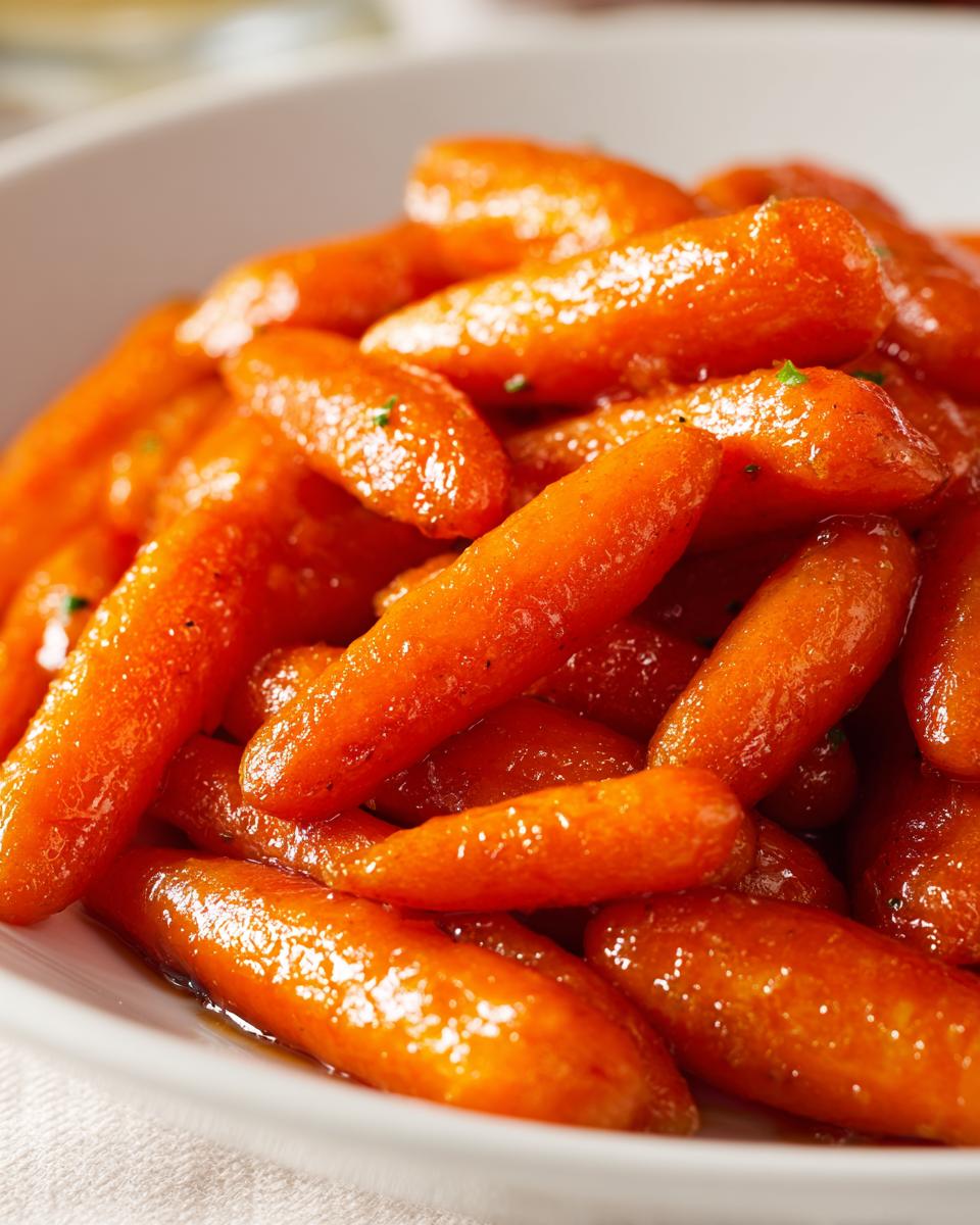A close-up, overhead view of a bowl filled with glistening Brown Sugar Glazed Carrots, some with visible herbs.
