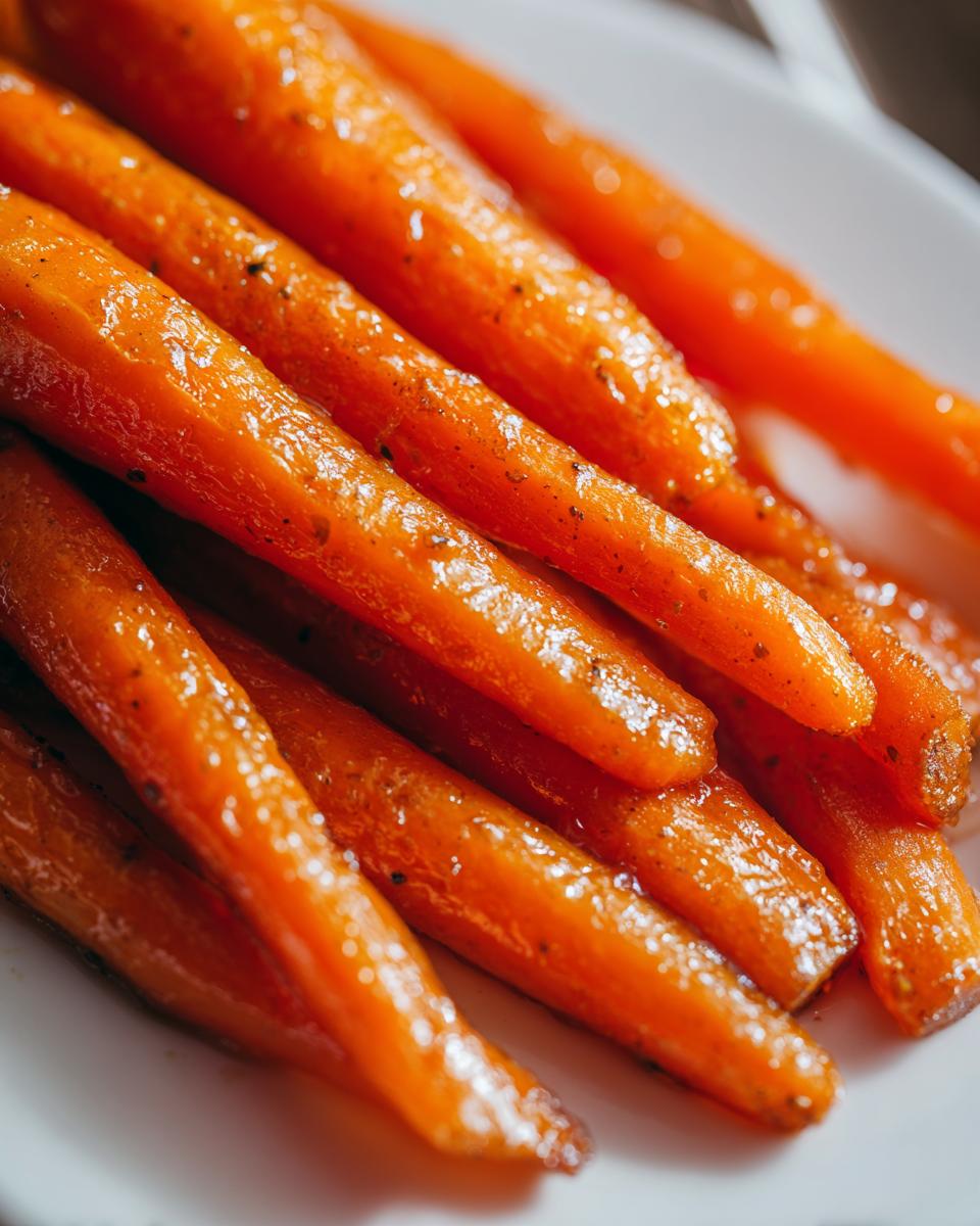 Close-up of tender Brown Sugar Glazed Carrots glistening on a white plate, seasoned with pepper.