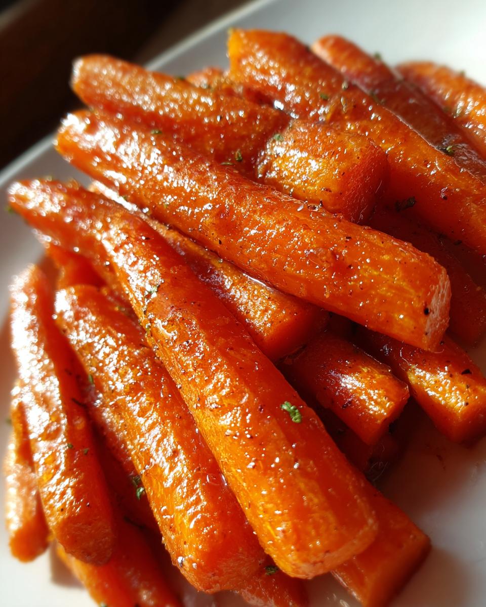 A close-up, overhead view of a pile of glistening Brown Sugar Glazed Carrots on a white plate, sprinkled with herbs.
