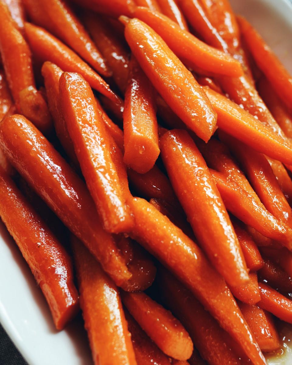 A close-up, overhead view of tender Brown Sugar Glazed Carrots, glistening with a sweet glaze.