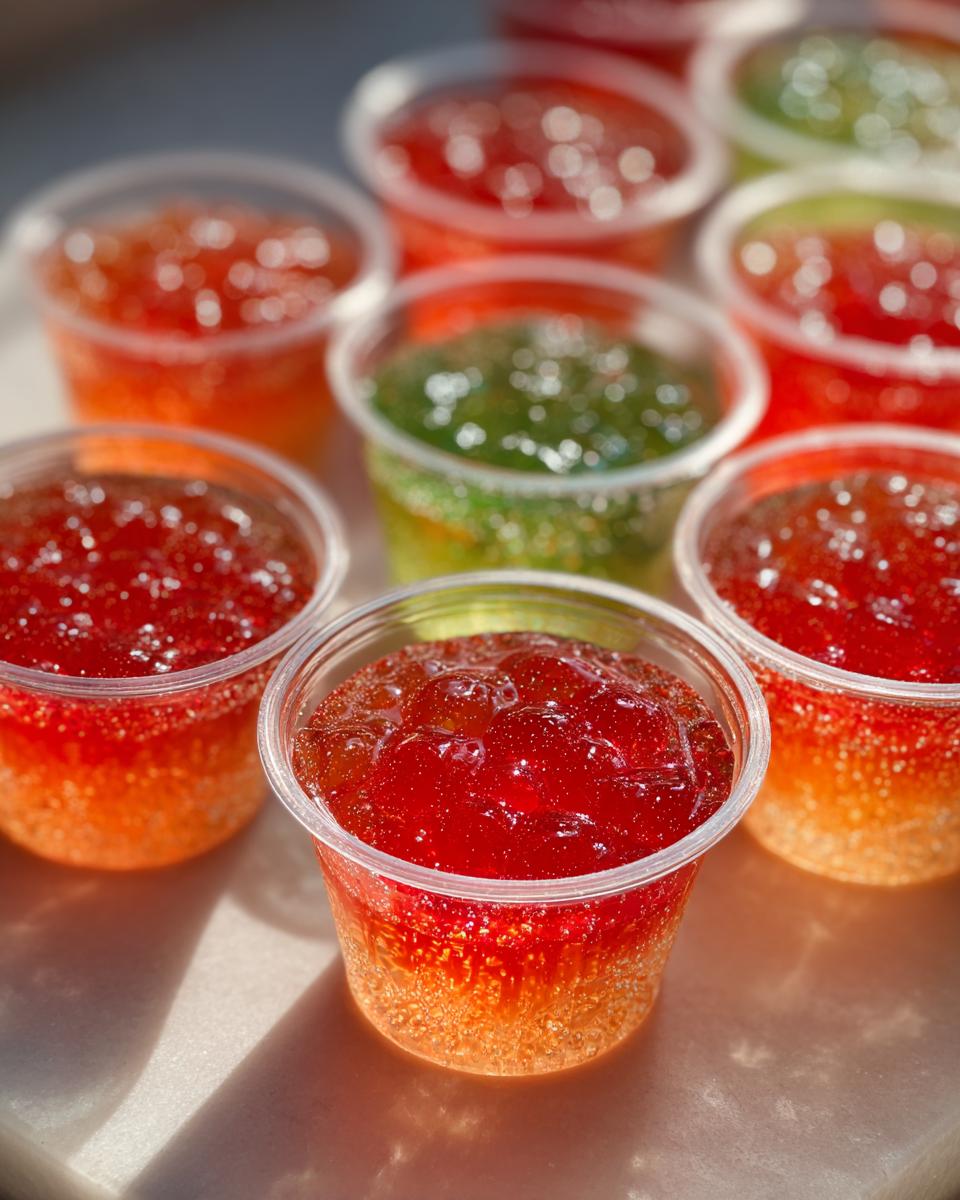 Close-up of several colorful Bubbly Champagne Jello Shots in clear plastic cups, showing a layered effect.