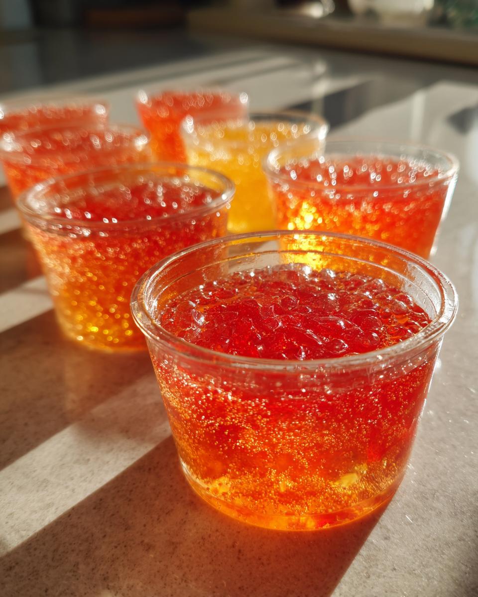 Close-up of red and orange bubbly Champagne Jello Shots in clear plastic cups, catching the sunlight.
