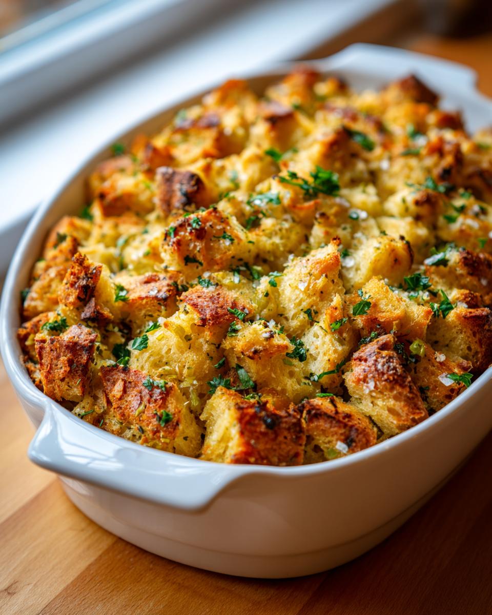 A close-up of a white baking dish filled with golden-brown, cubed Buttery Herb Stuffing, garnished with fresh parsley.