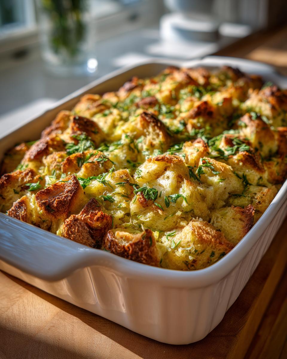 A close-up of a white baking dish filled with golden-brown Buttery Herb Stuffing, generously sprinkled with fresh green herbs.