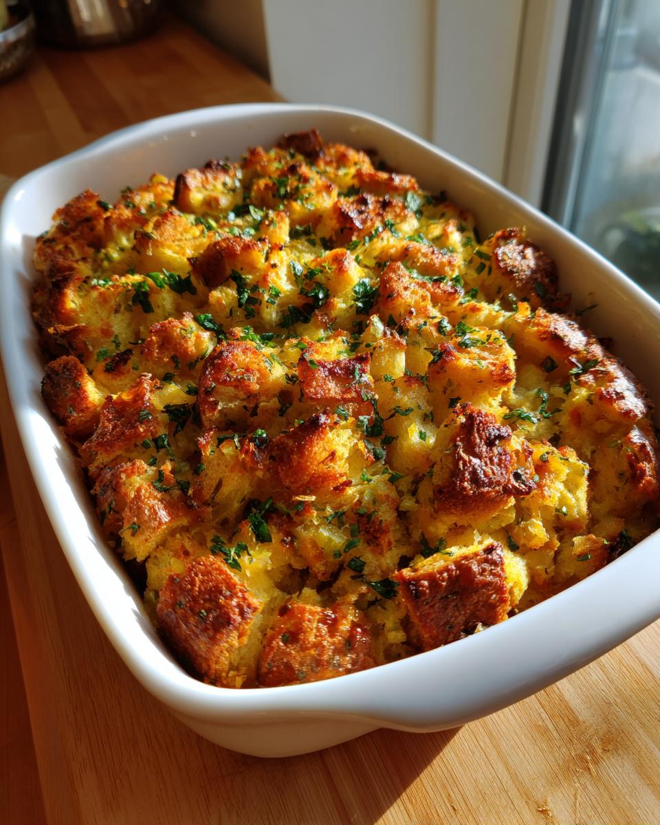 A close-up of a white baking dish filled with golden brown, crispy Buttery Herb Stuffing, garnished with fresh parsley.