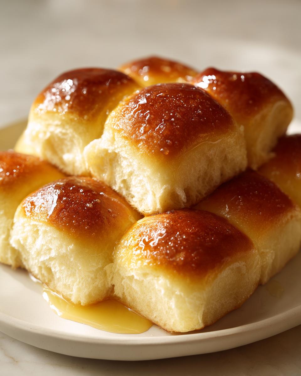 A stack of golden-brown, buttery homemade dinner rolls glistening with a honey glaze on a white plate.