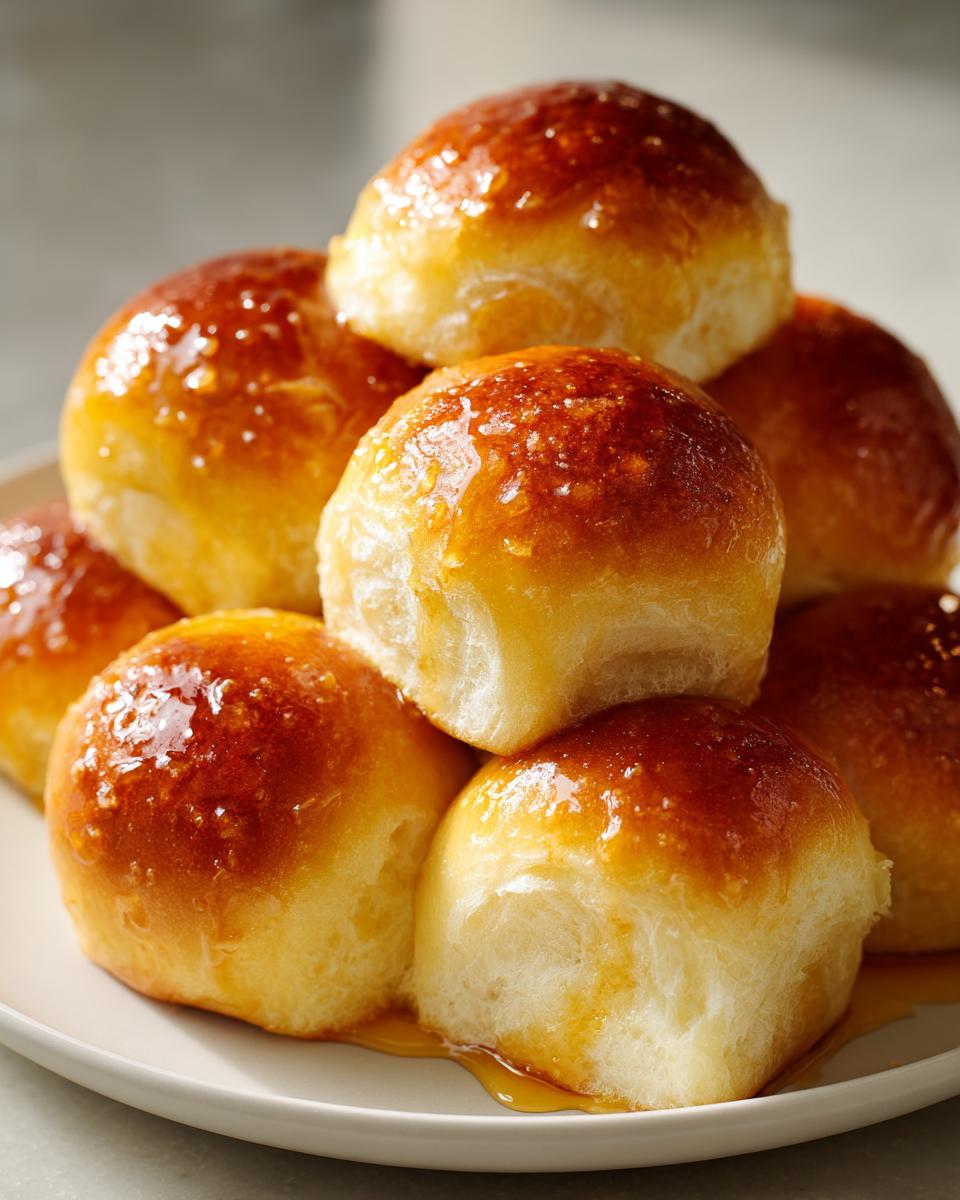 A stack of freshly baked, golden brown buttery homemade dinner rolls glistening with a sweet glaze.