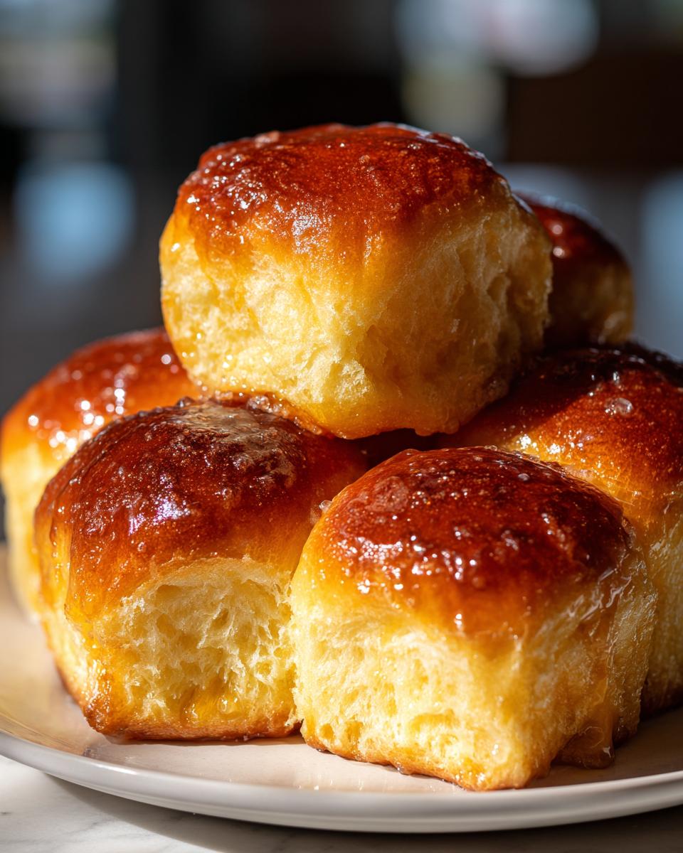 A close-up stack of golden-brown Buttery Homemade Dinner Rolls, glistening with a glaze.