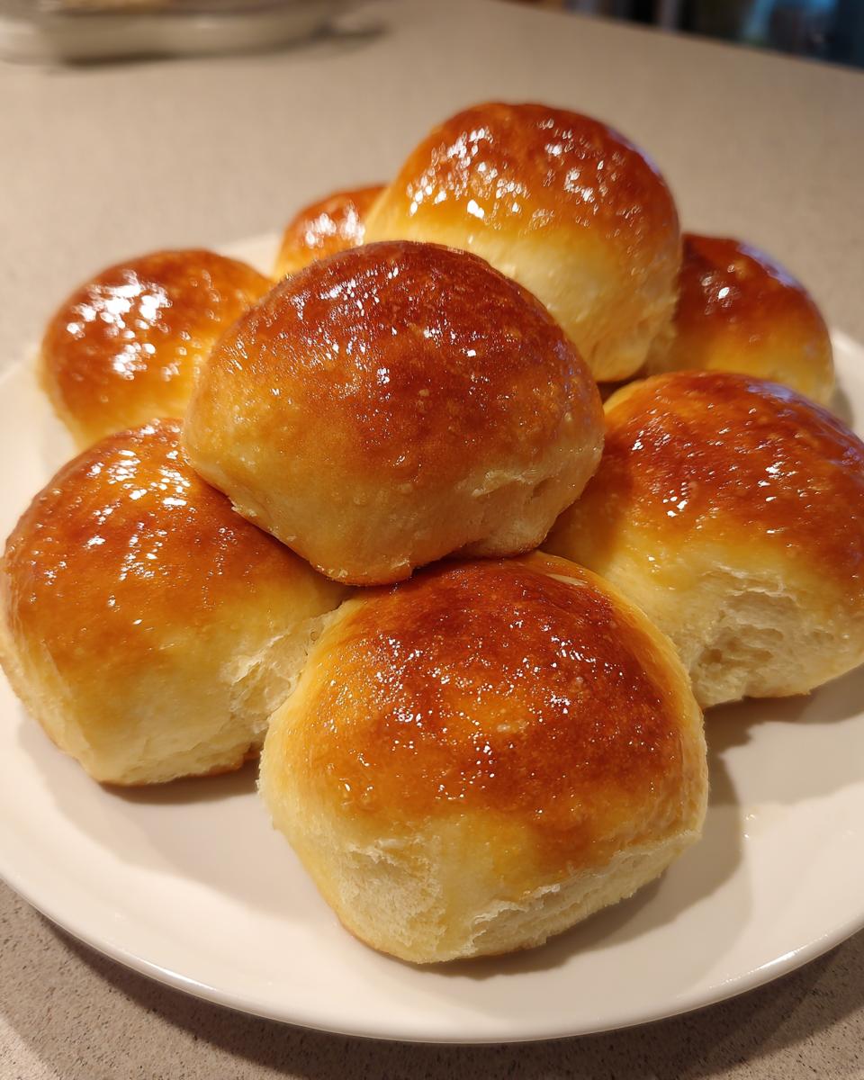 A close-up of a stack of golden-brown, buttery homemade dinner rolls on a white plate.