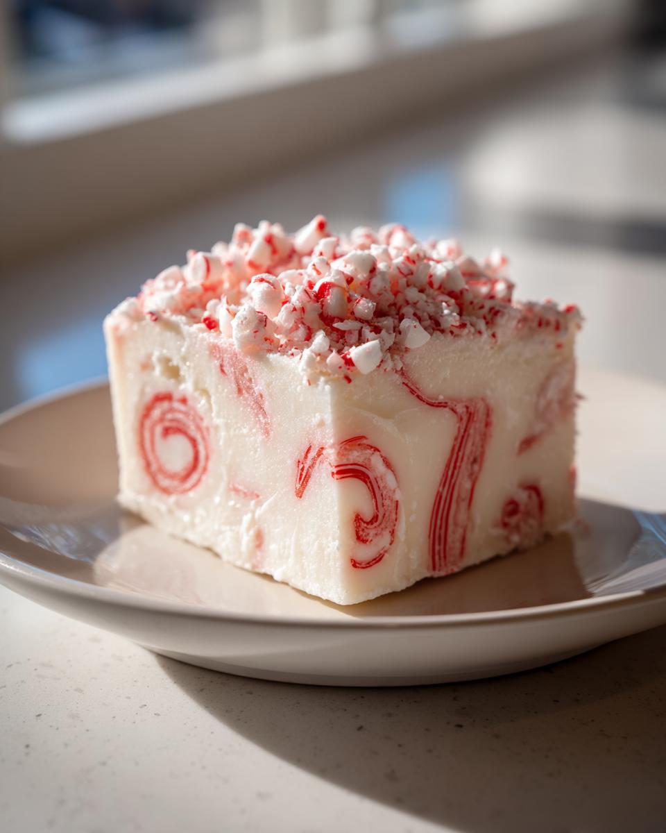 A close-up of a square of Candy Cane Fudge, topped with crushed candy canes and swirled with red peppermint.