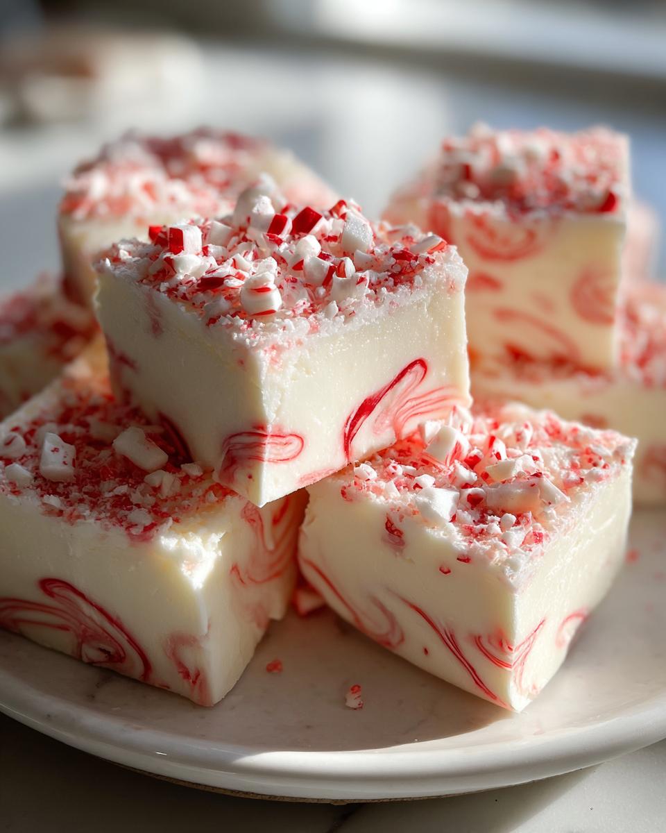 Close-up of white Candy Cane Fudge slices topped with crushed candy canes, showing red swirls inside.