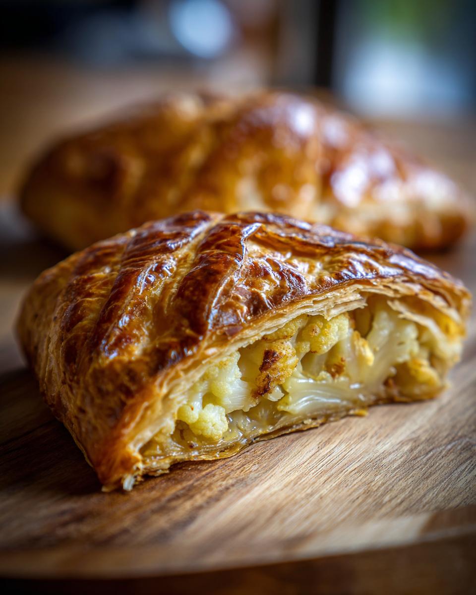 A close-up of a slice of golden-brown Cauliflower Wellington, showing flaky pastry and tender cauliflower florets inside.