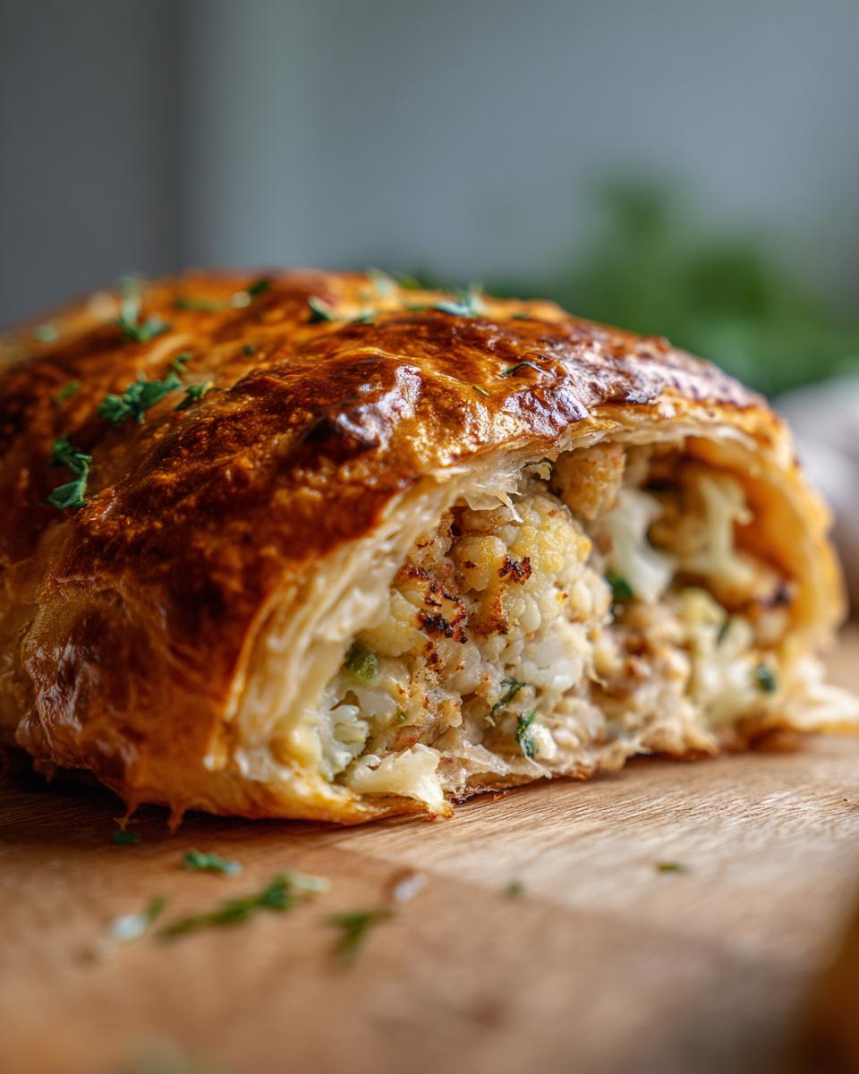 A golden-brown, flaky pastry slice of Cauliflower Wellington, revealing tender cauliflower florets and herbs inside.