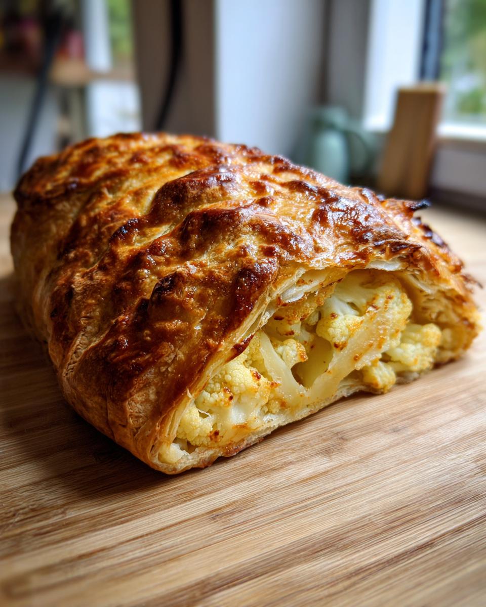 A golden-brown, flaky pastry crust encases a tender Cauliflower Wellington, sliced to reveal the white florets inside.
