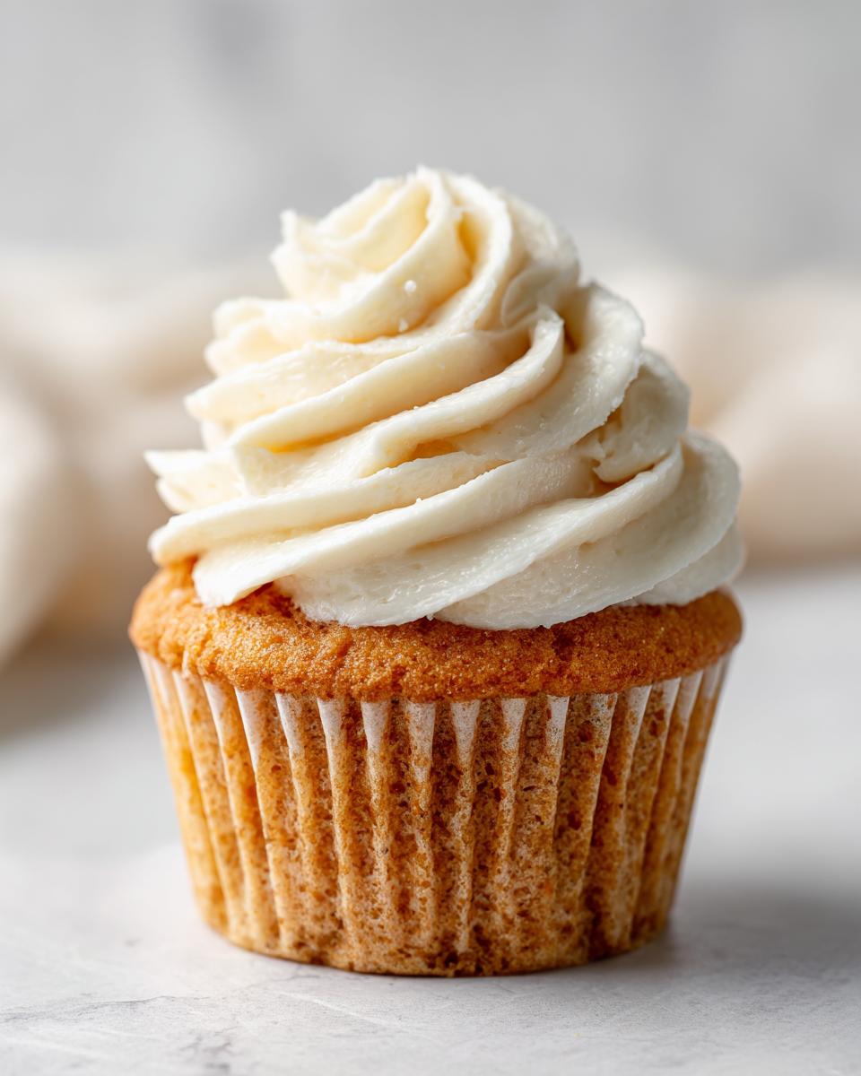 A single Champagne cupcake topped with swirls of creamy buttercream frosting.