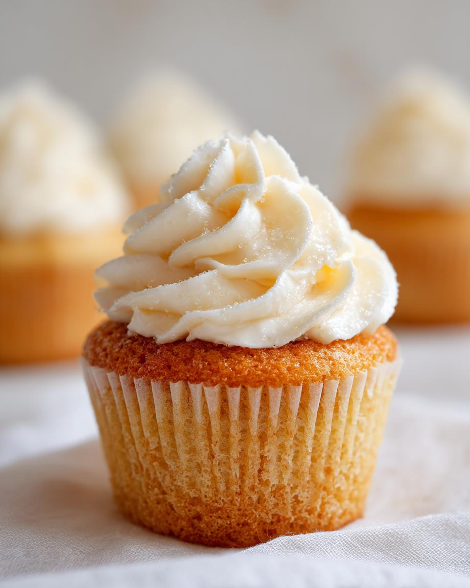 Close-up of a delicious Champagne Cupcake topped with creamy buttercream frosting.