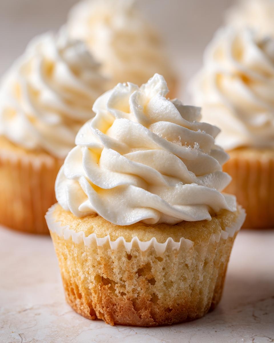 Close-up of a Champagne cupcake topped with swirls of creamy buttercream frosting. Other cupcakes are blurred in the background.