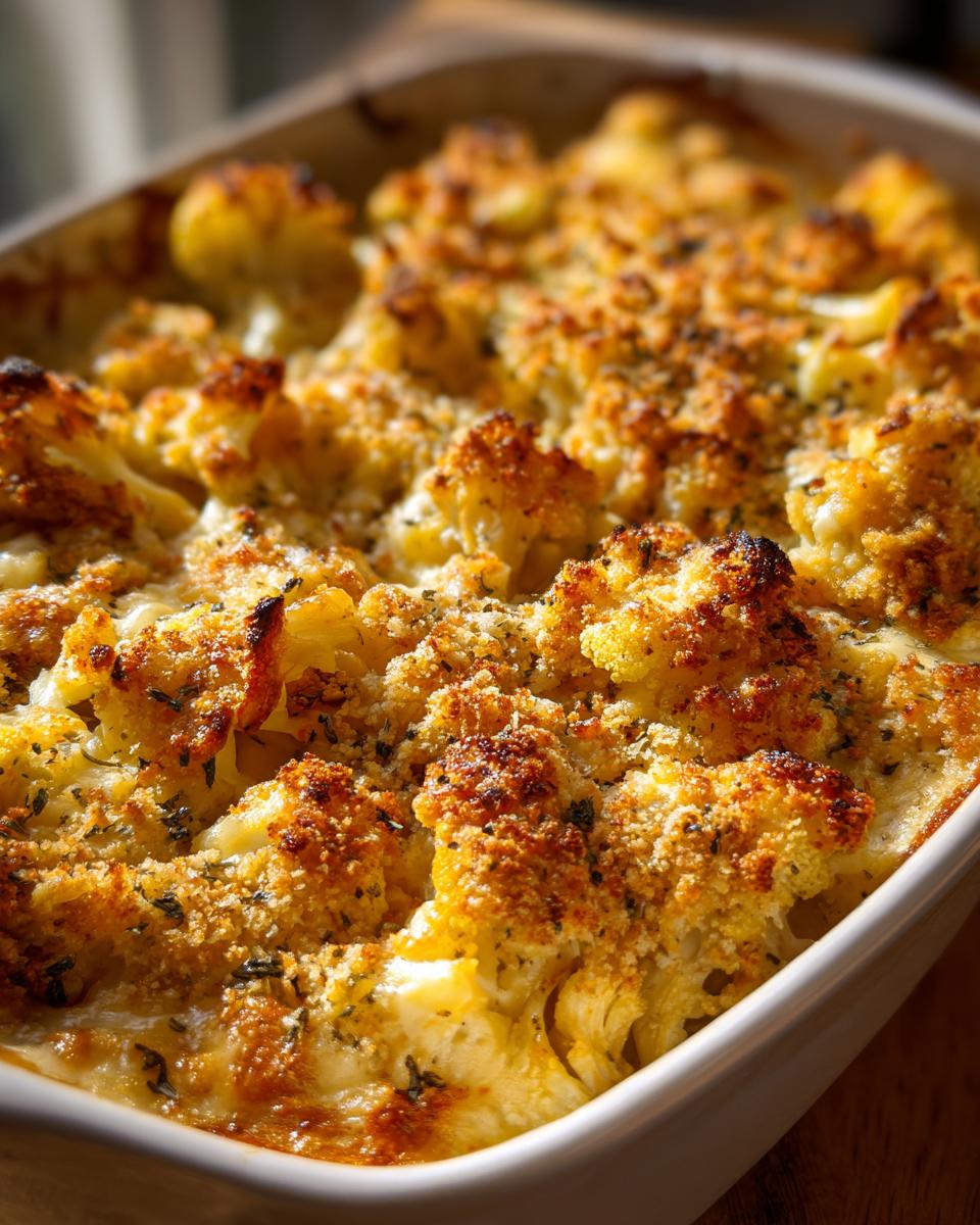 A close-up of a baked Cheesy Broccoli & Cauliflower Casserole with a golden-brown breadcrumb topping and melted cheese.